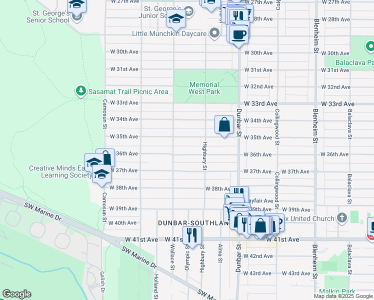 map of restaurants, bars, coffee shops, grocery stores, and more near 3855 West 36th Avenue in Vancouver