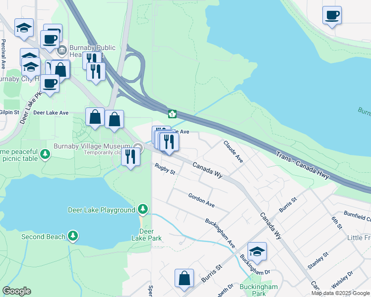 map of restaurants, bars, coffee shops, grocery stores, and more near 5068 Savile Row in Burnaby