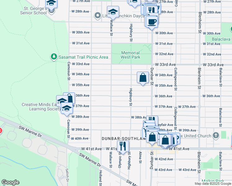 map of restaurants, bars, coffee shops, grocery stores, and more near 3875 West 36th Avenue in Vancouver