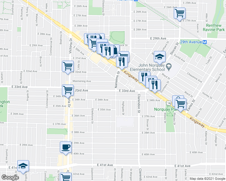 map of restaurants, bars, coffee shops, grocery stores, and more near 2286 East 33rd Avenue in Vancouver