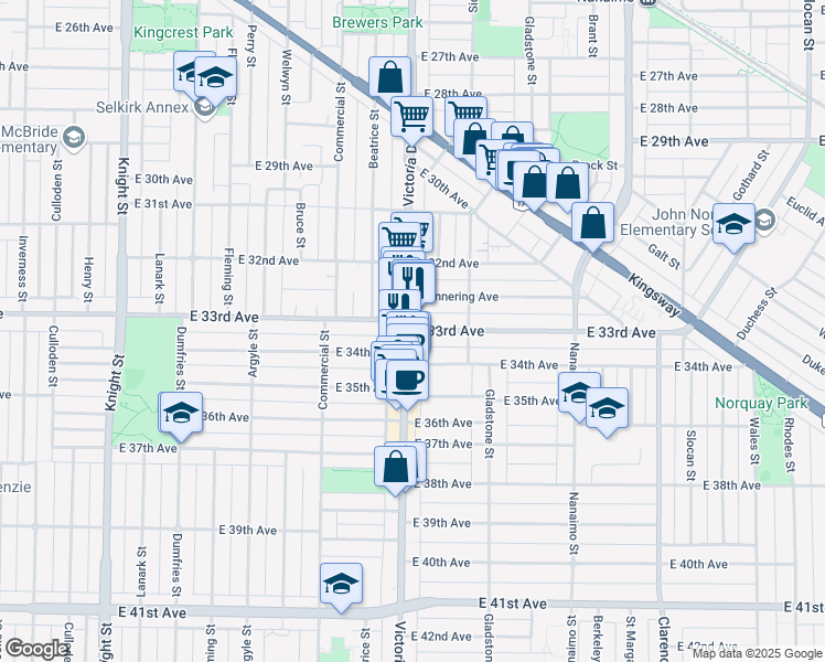 map of restaurants, bars, coffee shops, grocery stores, and more near in Vancouver