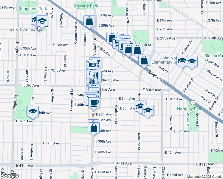 map of restaurants, bars, coffee shops, grocery stores, and more near 2105 East 33rd Avenue in Vancouver