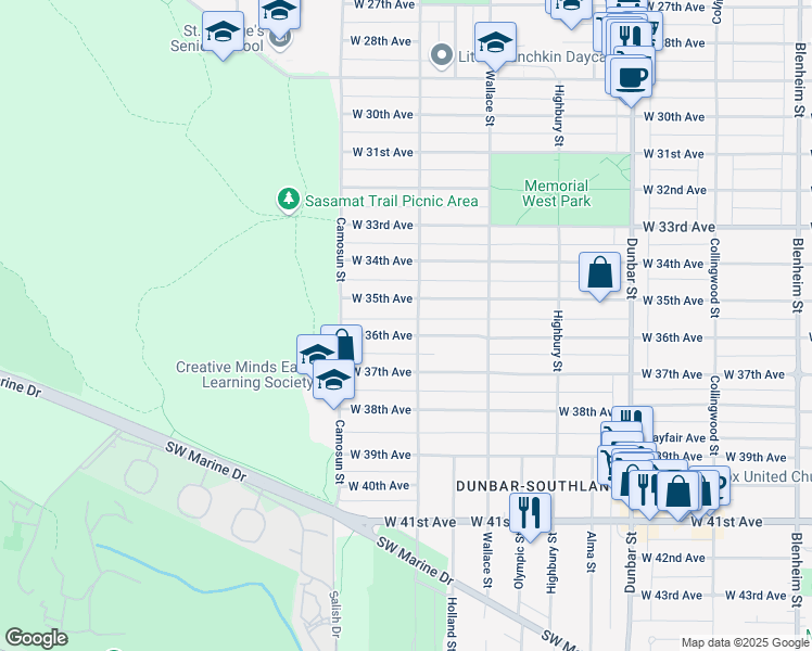 map of restaurants, bars, coffee shops, grocery stores, and more near 4015 West 36th Avenue in Vancouver