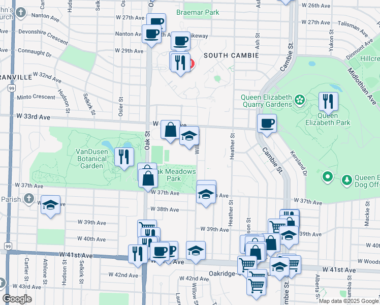 map of restaurants, bars, coffee shops, grocery stores, and more near 5025 Willow Street in Vancouver