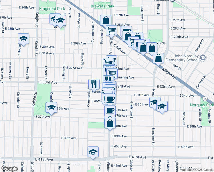 map of restaurants, bars, coffee shops, grocery stores, and more near in Vancouver