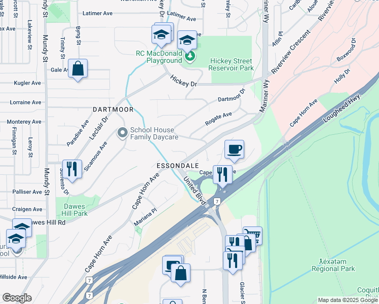 map of restaurants, bars, coffee shops, grocery stores, and more near 280 Mariner Way in Coquitlam