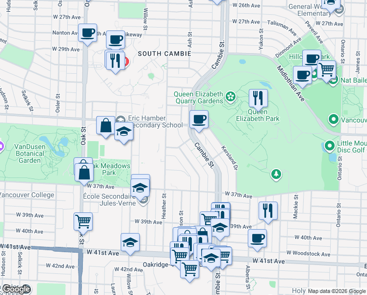 map of restaurants, bars, coffee shops, grocery stores, and more near 626 McGuigan Avenue in Vancouver