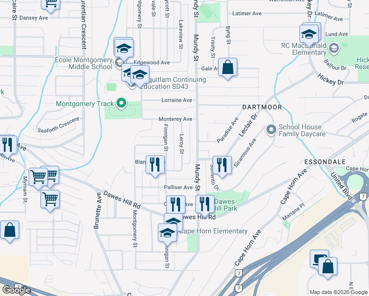 map of restaurants, bars, coffee shops, grocery stores, and more near 311 Leroy Street in Coquitlam