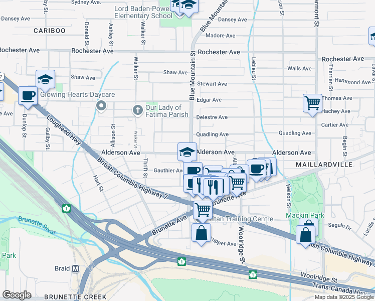 map of restaurants, bars, coffee shops, grocery stores, and more near 264 Blue Mountain Street in Coquitlam