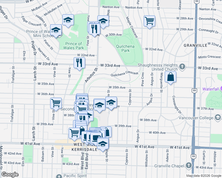 map of restaurants, bars, coffee shops, grocery stores, and more near 5112 Maple Street in Vancouver