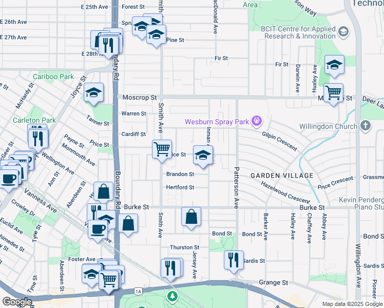map of restaurants, bars, coffee shops, grocery stores, and more near 3937 Price Street in Burnaby