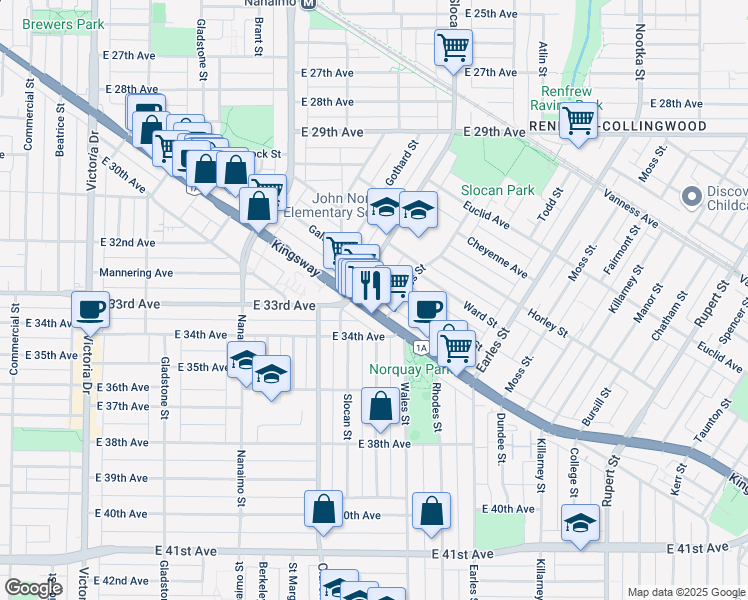 map of restaurants, bars, coffee shops, grocery stores, and more near in Vancouver