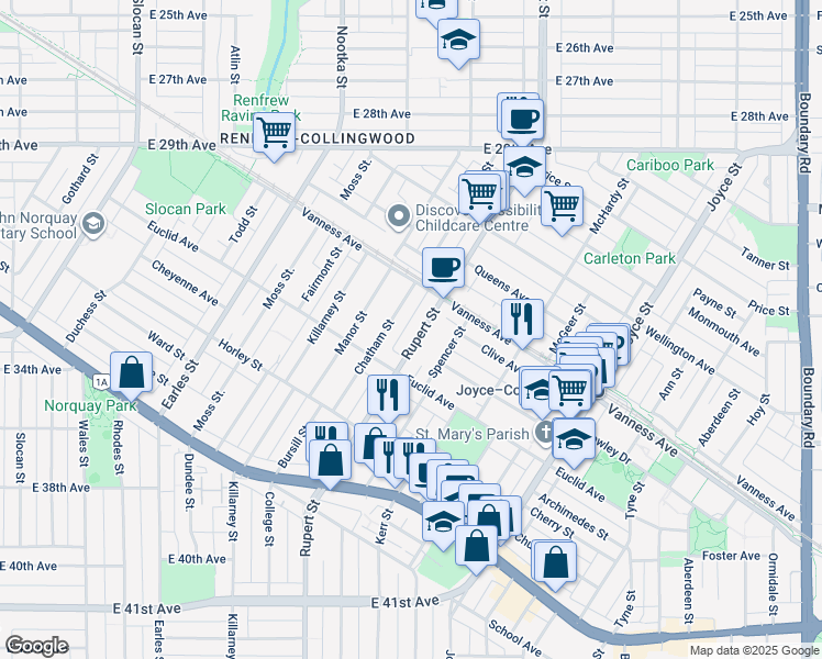 map of restaurants, bars, coffee shops, grocery stores, and more near 4951 Rupert Street in Vancouver