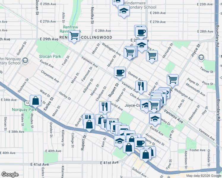 map of restaurants, bars, coffee shops, grocery stores, and more near in Vancouver