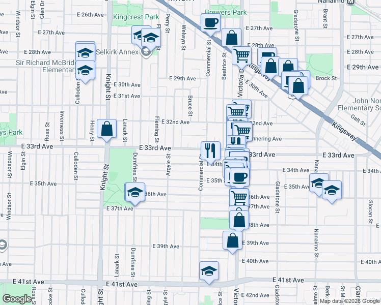 map of restaurants, bars, coffee shops, grocery stores, and more near 1768 East 33rd Avenue in Vancouver