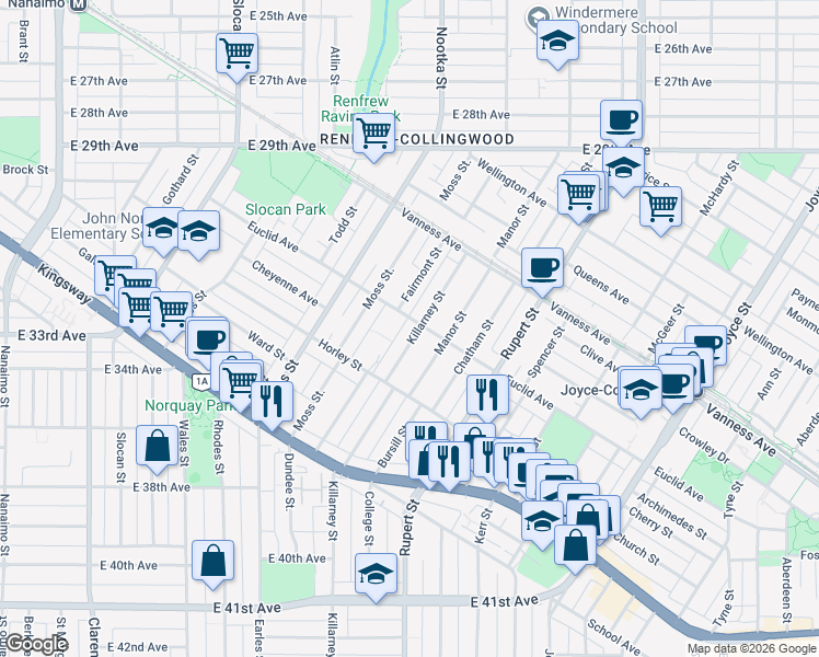 map of restaurants, bars, coffee shops, grocery stores, and more near 4915 Killarney Street in Vancouver