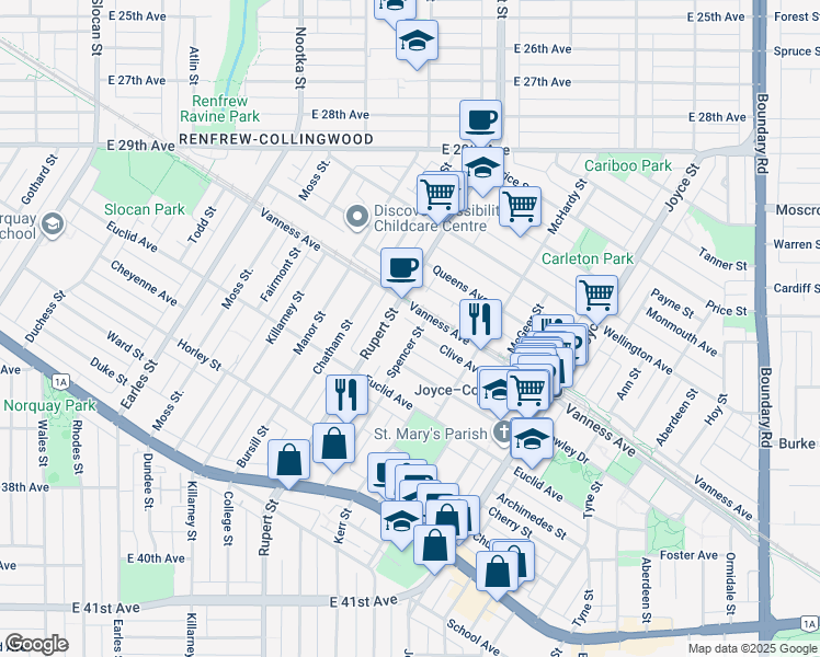 map of restaurants, bars, coffee shops, grocery stores, and more near 4941 Spencer Street in Vancouver