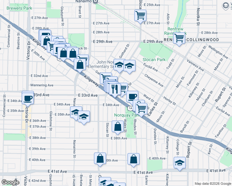 map of restaurants, bars, coffee shops, grocery stores, and more near in Vancouver