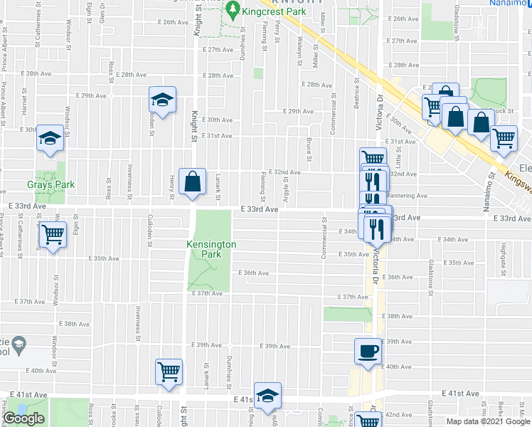 map of restaurants, bars, coffee shops, grocery stores, and more near 1652 East 33rd Avenue in Vancouver