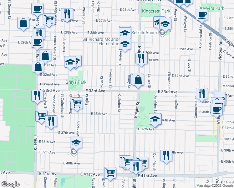 map of restaurants, bars, coffee shops, grocery stores, and more near 1280 East 33rd Avenue in Vancouver