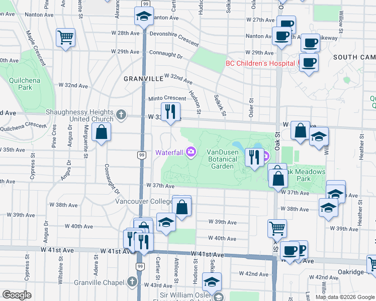 map of restaurants, bars, coffee shops, grocery stores, and more near 4900 Hudson Street in Vancouver