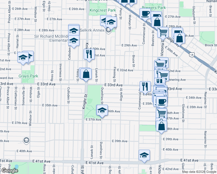 map of restaurants, bars, coffee shops, grocery stores, and more near 1562 East 33rd Avenue in Vancouver
