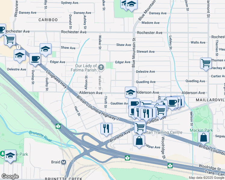 map of restaurants, bars, coffee shops, grocery stores, and more near 269 Burns Street in Coquitlam