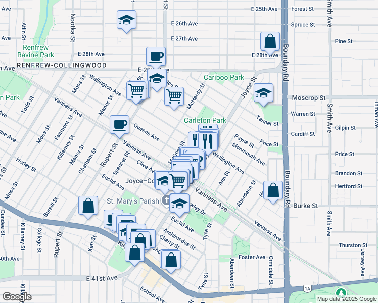 map of restaurants, bars, coffee shops, grocery stores, and more near in Vancouver