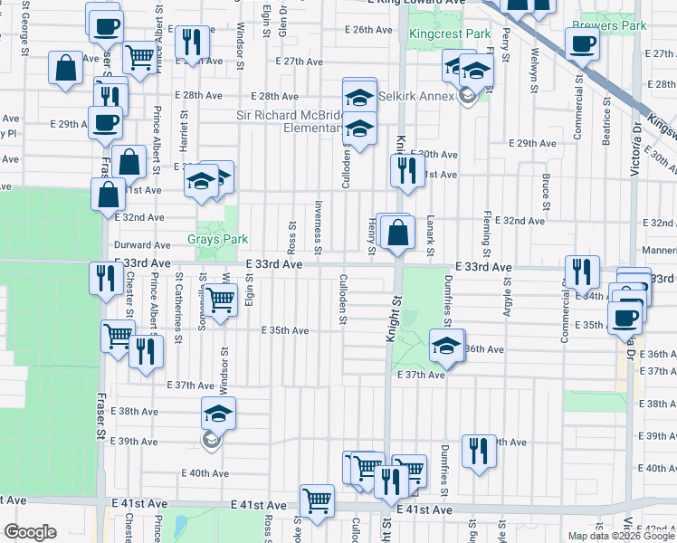 map of restaurants, bars, coffee shops, grocery stores, and more near 1294 East 33rd Avenue in Vancouver