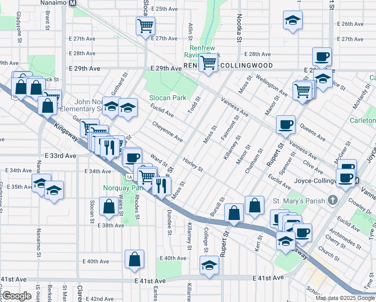 map of restaurants, bars, coffee shops, grocery stores, and more near 4932 Earles Street in Vancouver