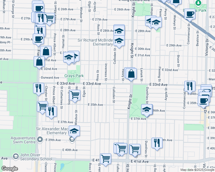 map of restaurants, bars, coffee shops, grocery stores, and more near 4908 Inverness Street in Vancouver