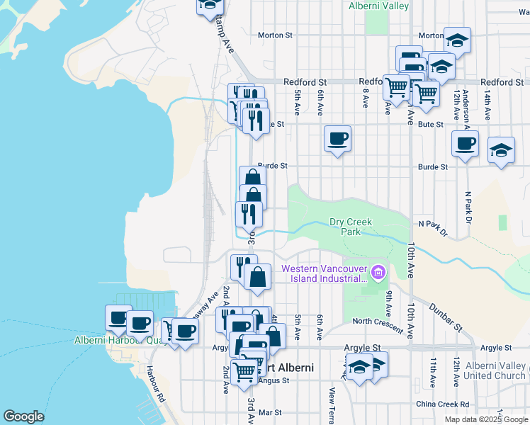 map of restaurants, bars, coffee shops, grocery stores, and more near 3521 4th Avenue in Port Alberni
