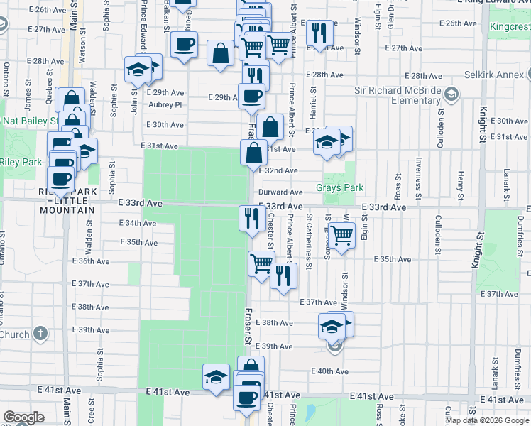 map of restaurants, bars, coffee shops, grocery stores, and more near 4921 Chester Street in Vancouver