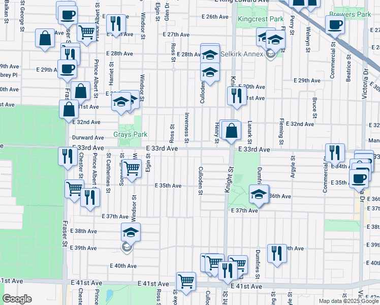 map of restaurants, bars, coffee shops, grocery stores, and more near 4908 Inverness Street in Vancouver