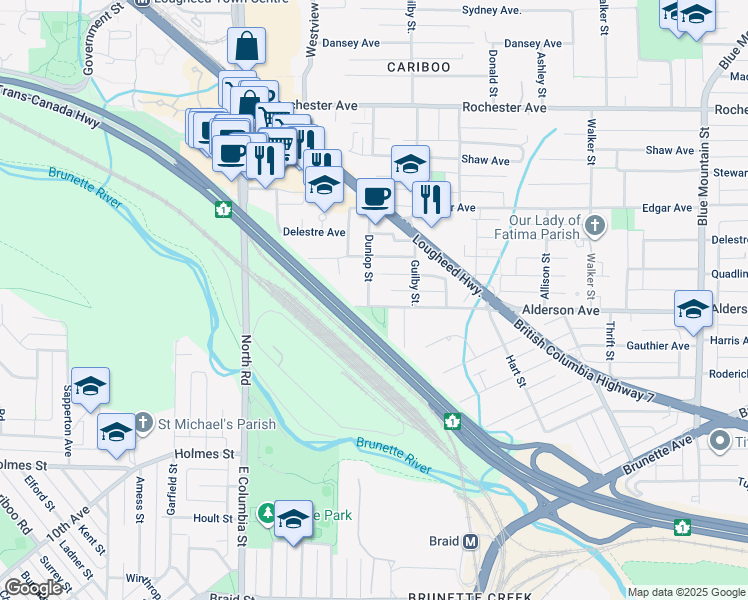 map of restaurants, bars, coffee shops, grocery stores, and more near 575 Alderson Avenue in Coquitlam