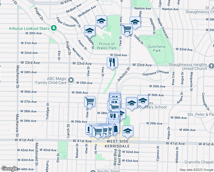 map of restaurants, bars, coffee shops, grocery stores, and more near 2150 West 35th Avenue in Vancouver