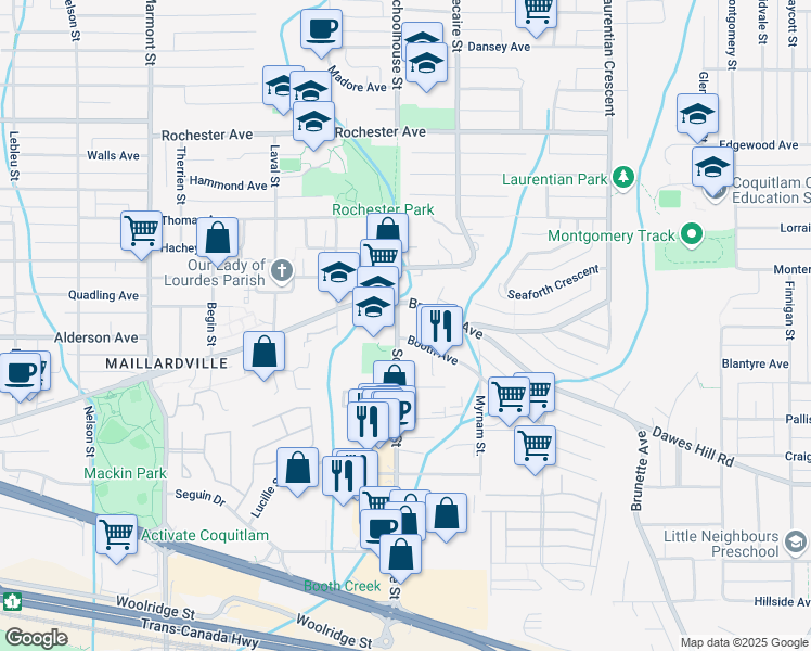 map of restaurants, bars, coffee shops, grocery stores, and more near 295 Schoolhouse Street in Coquitlam