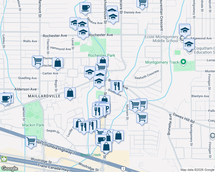 map of restaurants, bars, coffee shops, grocery stores, and more near 295 Schoolhouse Street in Coquitlam