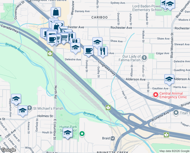 map of restaurants, bars, coffee shops, grocery stores, and more near 607 Alderson Avenue in Coquitlam