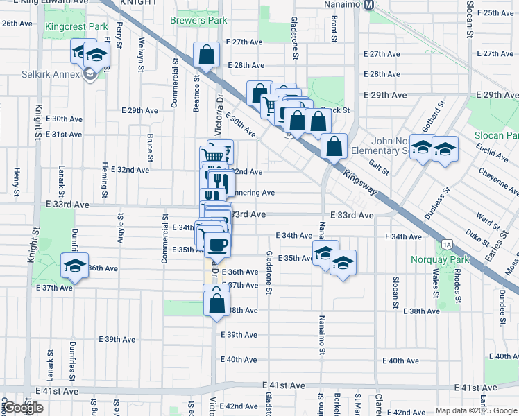 map of restaurants, bars, coffee shops, grocery stores, and more near 2103 East 33rd Avenue in Vancouver