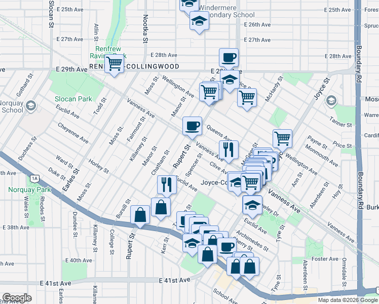 map of restaurants, bars, coffee shops, grocery stores, and more near 4904 Rupert Street in Vancouver