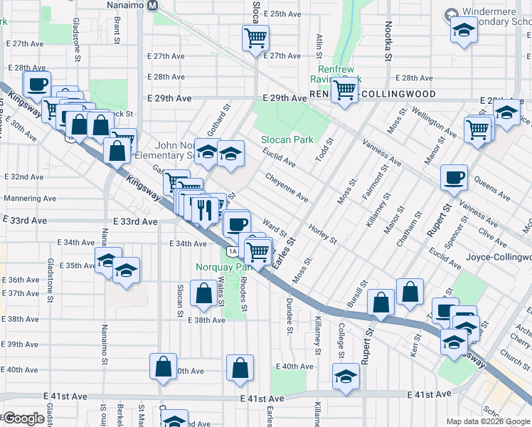 map of restaurants, bars, coffee shops, grocery stores, and more near 2703 Ward Street in Vancouver