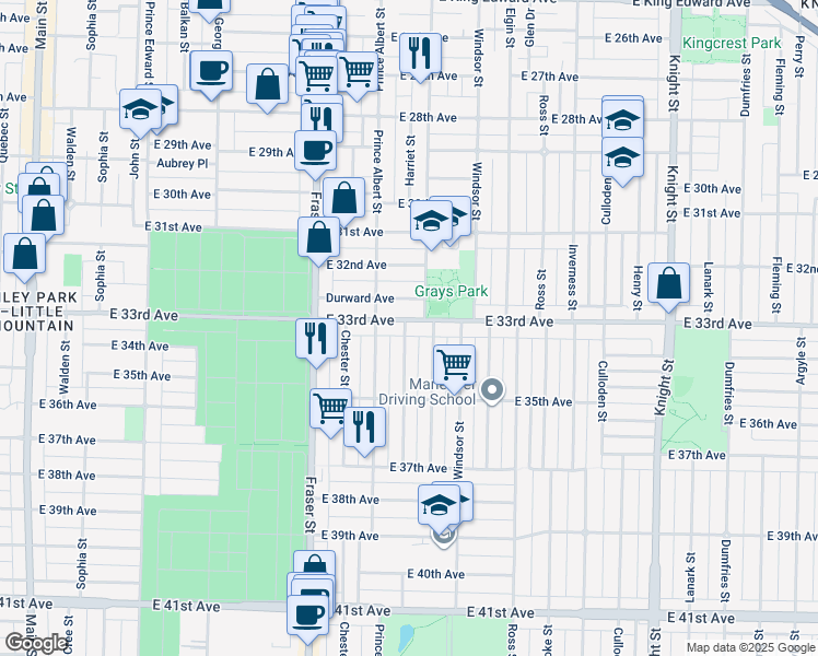 map of restaurants, bars, coffee shops, grocery stores, and more near 848 East 33rd Avenue in Vancouver