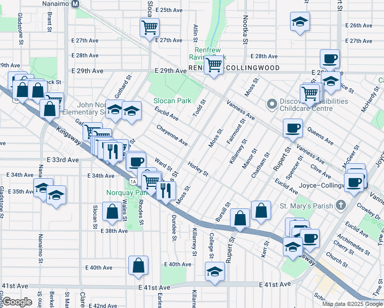 map of restaurants, bars, coffee shops, grocery stores, and more near 4928 Earles Street in Vancouver