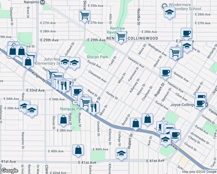 map of restaurants, bars, coffee shops, grocery stores, and more near 4928 Earles Street in Vancouver