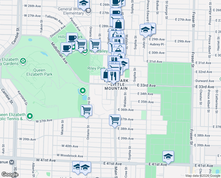 map of restaurants, bars, coffee shops, grocery stores, and more near 4928 Quebec Street in Vancouver