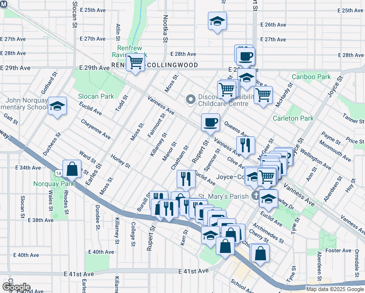map of restaurants, bars, coffee shops, grocery stores, and more near in Vancouver