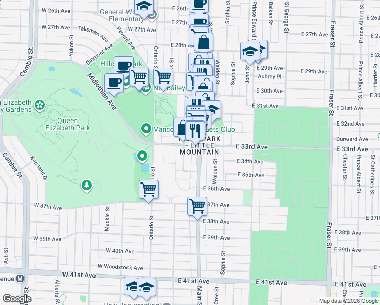 map of restaurants, bars, coffee shops, grocery stores, and more near in Vancouver