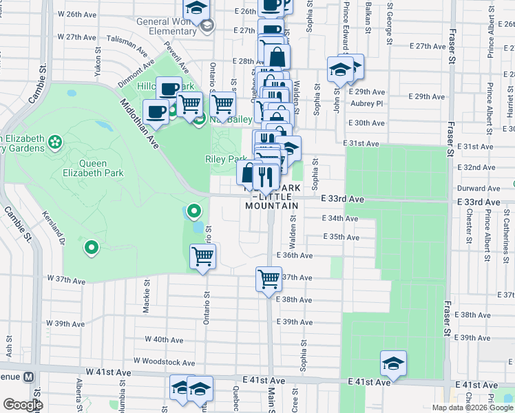 map of restaurants, bars, coffee shops, grocery stores, and more near in Vancouver