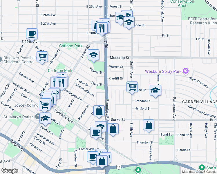 map of restaurants, bars, coffee shops, grocery stores, and more near 3708 Price Street in Burnaby